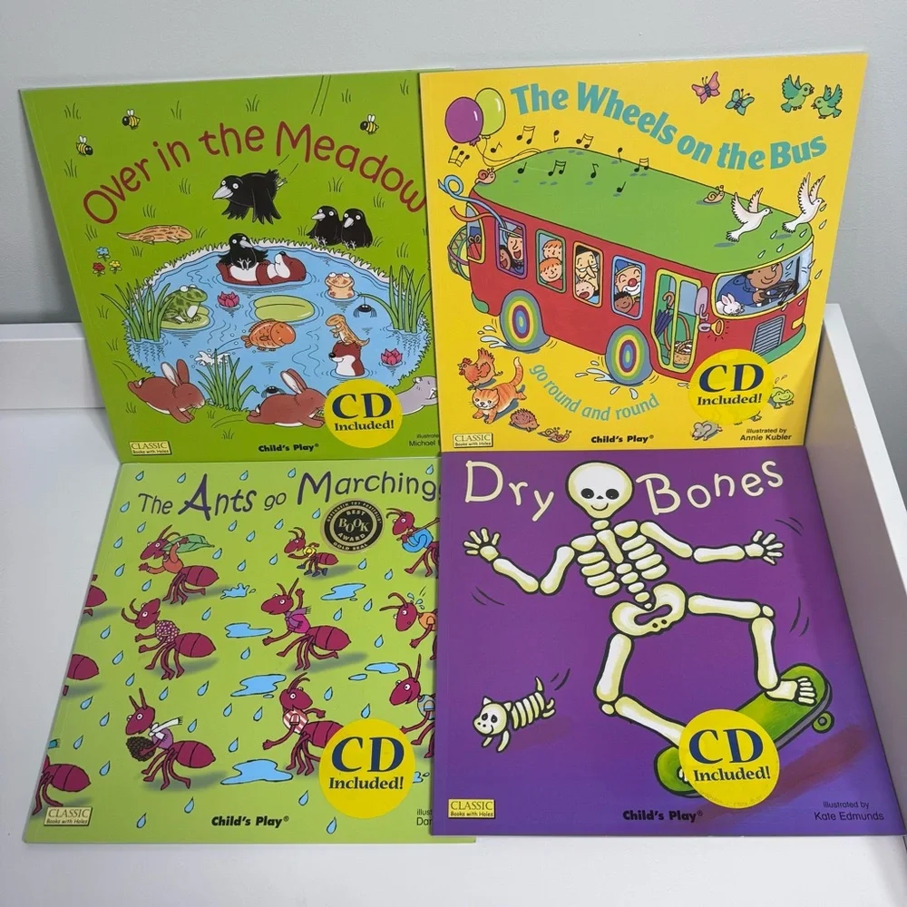 Four New Kids baby books CD Sing Along Interactive Wheels‎ Bus Ants Bones Meadow